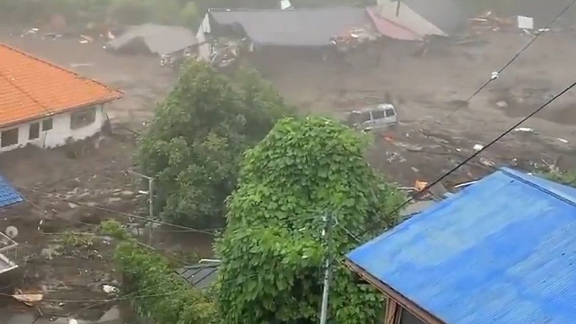 This grab taken from handout video released by a local resident and received via Jiji Press on July 3, 2021 shows mud and debris at the scene of a landslide that has left at least 19 people missing in the Izusan area of Atami in Shizuoka Prefecture. (AFP)