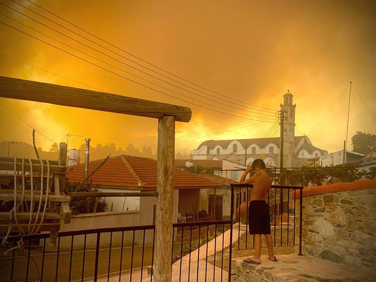 Smoke from a forest fire is seen in Ora village, Larnaca, Cyprus, July 3, 2021, in this picture obtained from social media. (Andrea Anastasiou via Reuters)