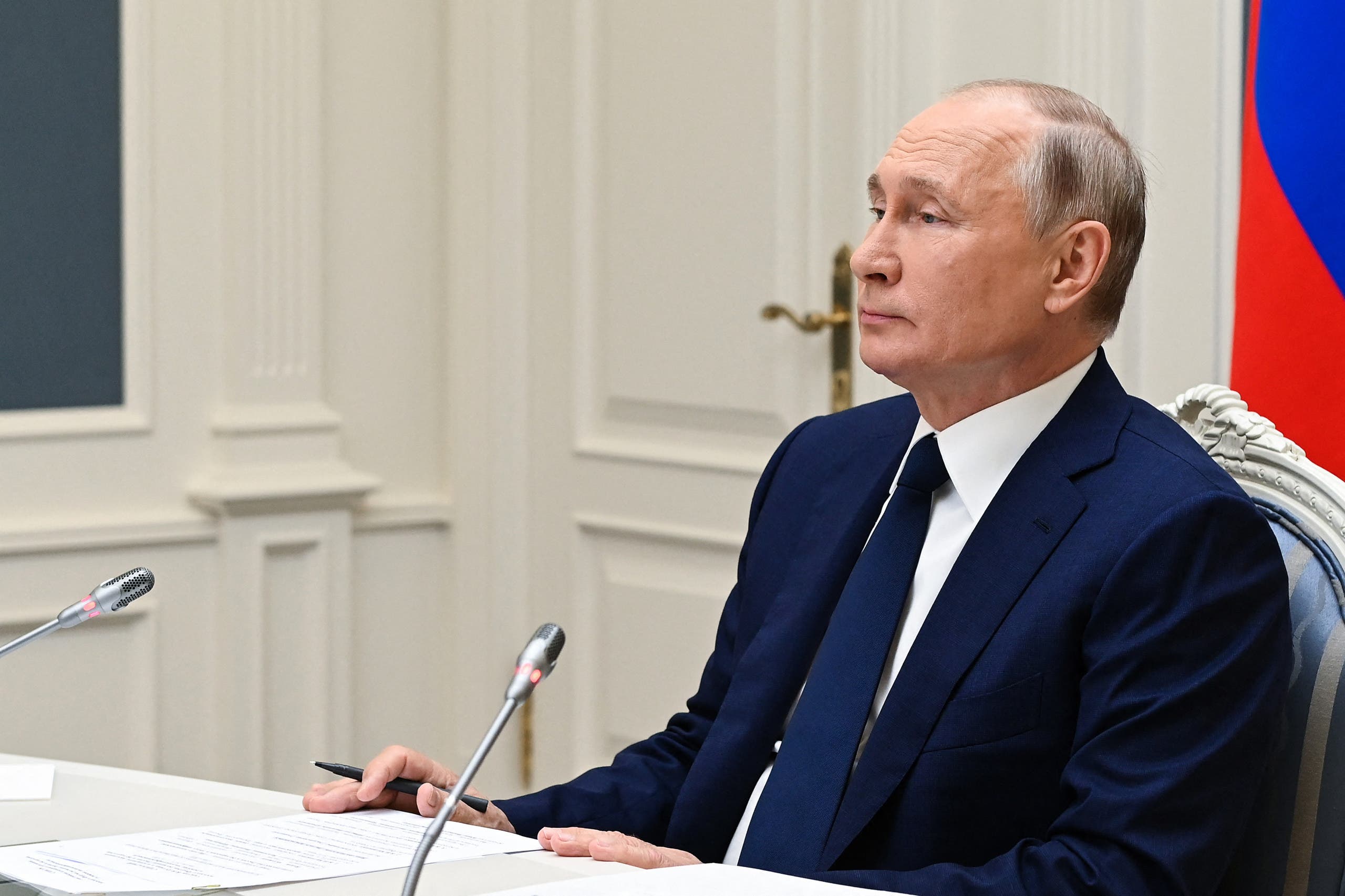 Russian President Vladimir Putin attends a session of the 8th Forum of Regions of Belarus and Russia via video link at the Kremlin in Moscow on July 1, 2021. (Stock image)
