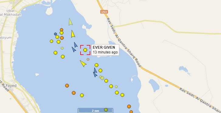 إيفر غيفين تبدأ الإبحار وفقاً لبيانات موقع تتبع السفن "vesselfinder"