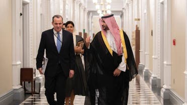 Prince Khalid bin Salman walks with US National Security Council's coordinator for the Middle East and North Africa Brett McGurk. (Twitter)