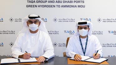 Jasim Husain Thabet, TAQA’s Group Chief Executive Officer and Managing Director and Captain Mohamed Juma Al Shamisi, Group CEO, Abu Dhabi Ports, signed the MoU on July 7, 2021. (Supplied)