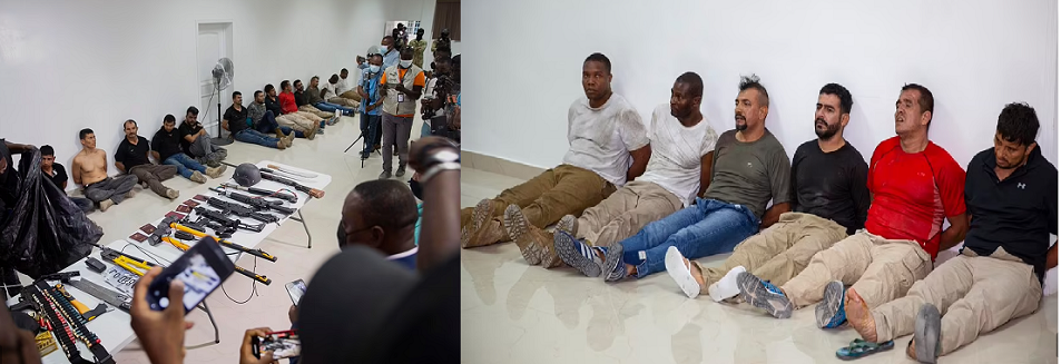 صورة 6 معتقلين، منهم إلى اليسار الأميركيان من أصل هايتياني، وثانية لجميعهم مع أسلحتهم