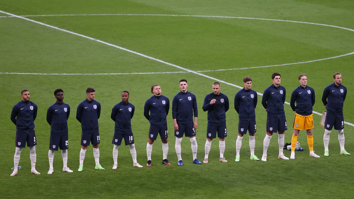 England's players sing their national anthem ahead of the UEFA EURO 2020 semi-final football match between England and Denmark at Wembley Stadium in London on July 7, 2021. (File photo: AFP)