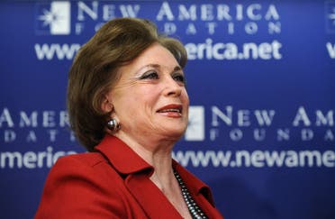Jehan Sadat, widow of Egyptian president Anwar al-Sadat, speaks at the New America Foundation in Washington on March 31, 2009. (AFP)