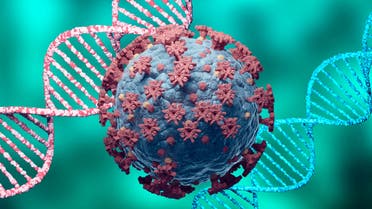 Coronavirus and DNA, virus mutation. New variant and strain of SARS CoV 2. Microscopic view. stock photo