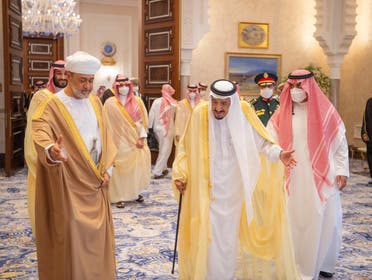 Saudi Arabia’s King Salman bin Abdulaziz receives Oman’s Sultan Haitham bin Tariq at the Neom Palace for the first official visit between the two leaders since the COVID-19 outbreak began. (Screengrab)
