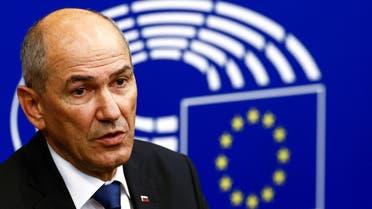 Slovenian Prime Minister Janez Jansa speaks during a news conference after the presentation of the programme of the activities of the Slovenian Presidency during a plenary session at the European Parliament in Strasbourg, France, July 6, 2021. (Reuters)