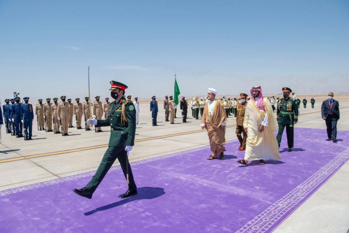 Saudi Arabia’s Crown Prince welcomes Oman’s Sultan Haitham ahead of Neom talks. (Photo courtesy: Saudi Foreign Ministry)