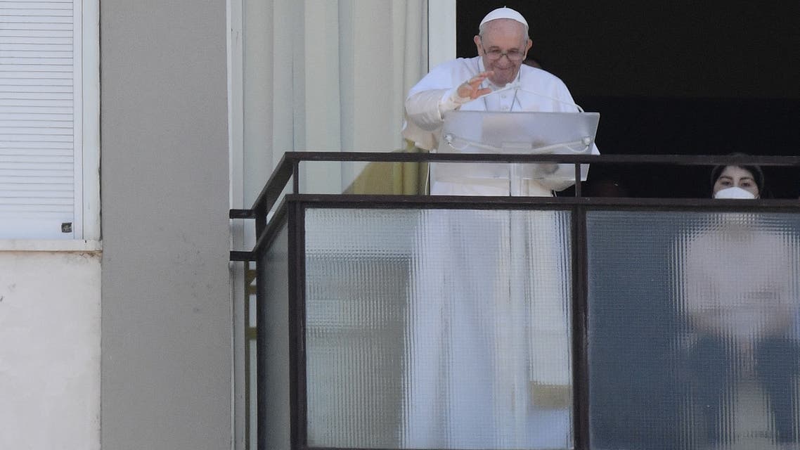 Pope Francis leads the Sunday's Angelus prayer from the Gemelli Hospital, in Rome, on July 11, 2021, where he is recovering from colon surgery. (AFP)