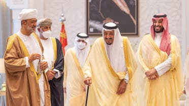 Saudi King Salman bin Abdulaziz receives Oman's Sultan Haitham bin Tariq at Royal Palace in Neom, Saudi Arabia, July 11, 2021. (Reuters)