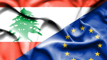 Waving flag of European Union and Lebanon. (Stock Photo)