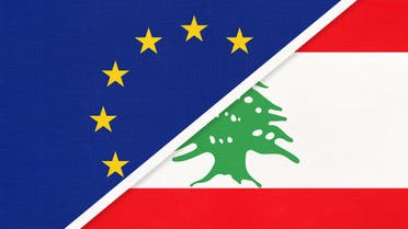 European Union or EU and Lebanon national flag from textile. Symbol of the Council of Europe association. stock illustration