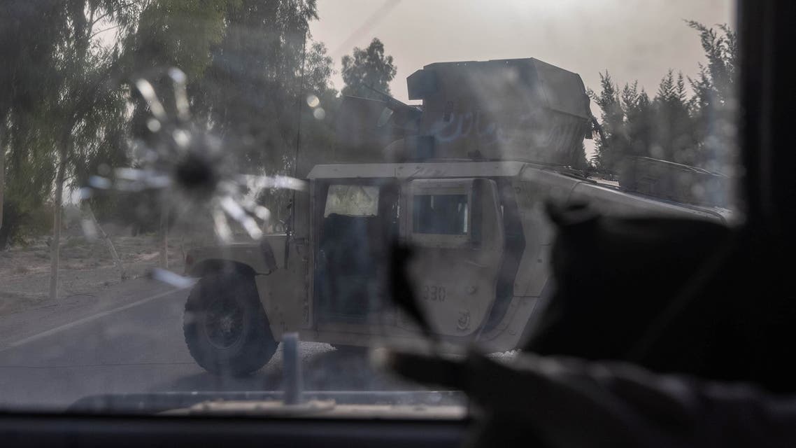 A humvee belonging Afghan Special Forces is seen destroyed during heavy clashes with Taliban during the rescue mission of a police officer besieged at a check post, in Kandahar province, Afghanistan, July 13, 2021. (Reuters)