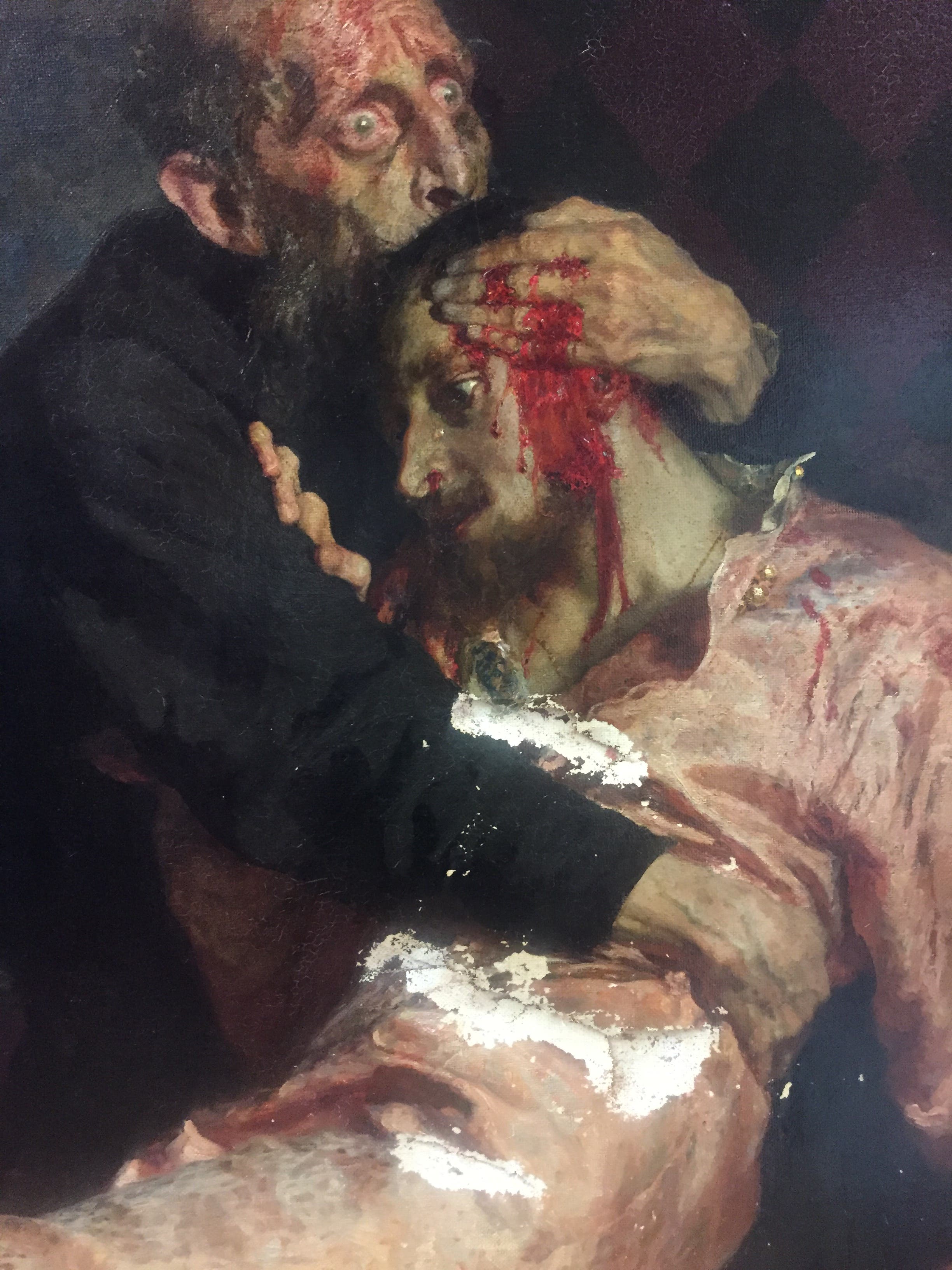 صورة مقربة للوحة إليا ريبين للقيصر ممسكاً رأس ابنه