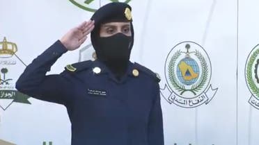 Saudi Arabian soldier Abeer al-Rashed, conducting the Kingdom's first-ever female-led security forces briefing for Hajj on Tuesday, 14 July 2021. (Screengrab via Twitter)