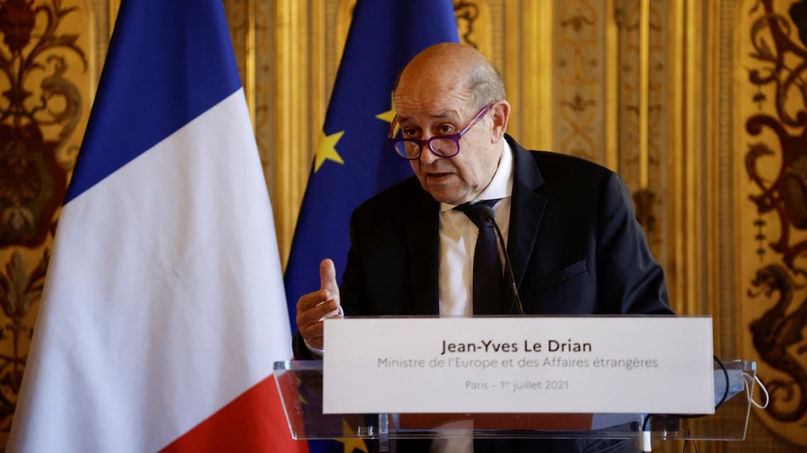 French European and Foreign Affairs Minister Jean-Yves Le Drian gives a press conference following his meeting with his Mexican counterpart in Paris, on July 1, 2021.