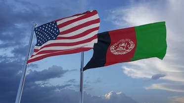 Afghanistan and United States two flags together realations textile cloth fabric texture stock photo