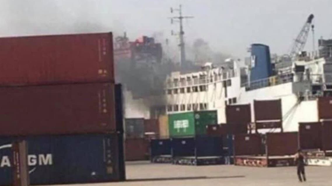 Fire breaks out on a ship docked at the Beirut port. (Twitter)