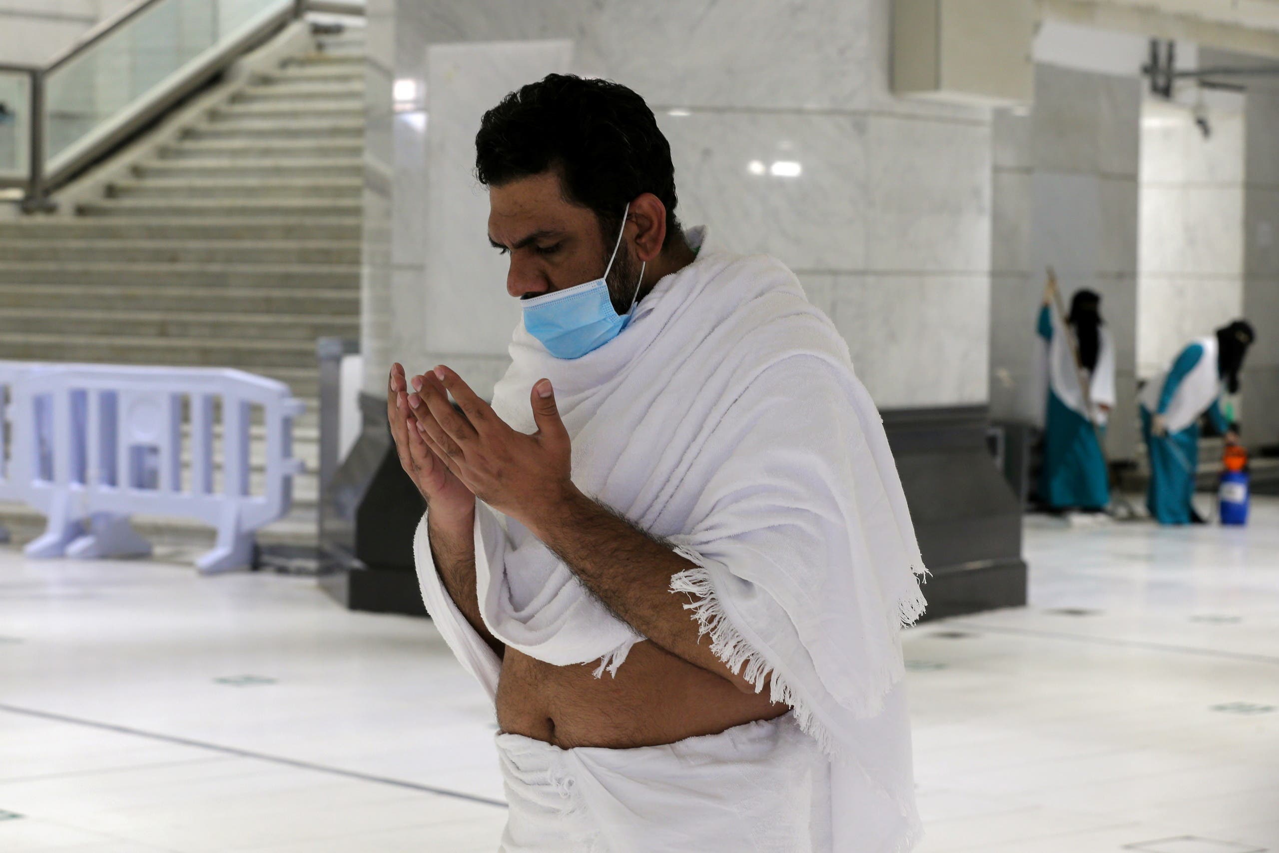 A Muslim pilgrim prays in the Grand Mosque in the holy city of Mecca, Saudi Arabia July 17, 2021. (Reuters)