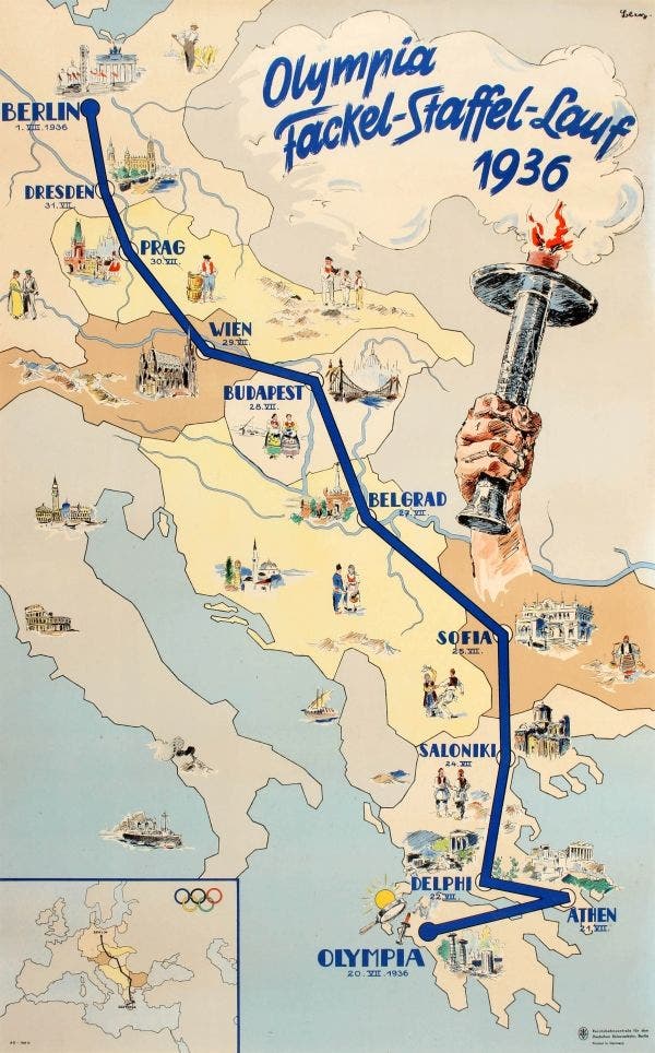 An imaginary drawing of the path taken by the torch in 1936