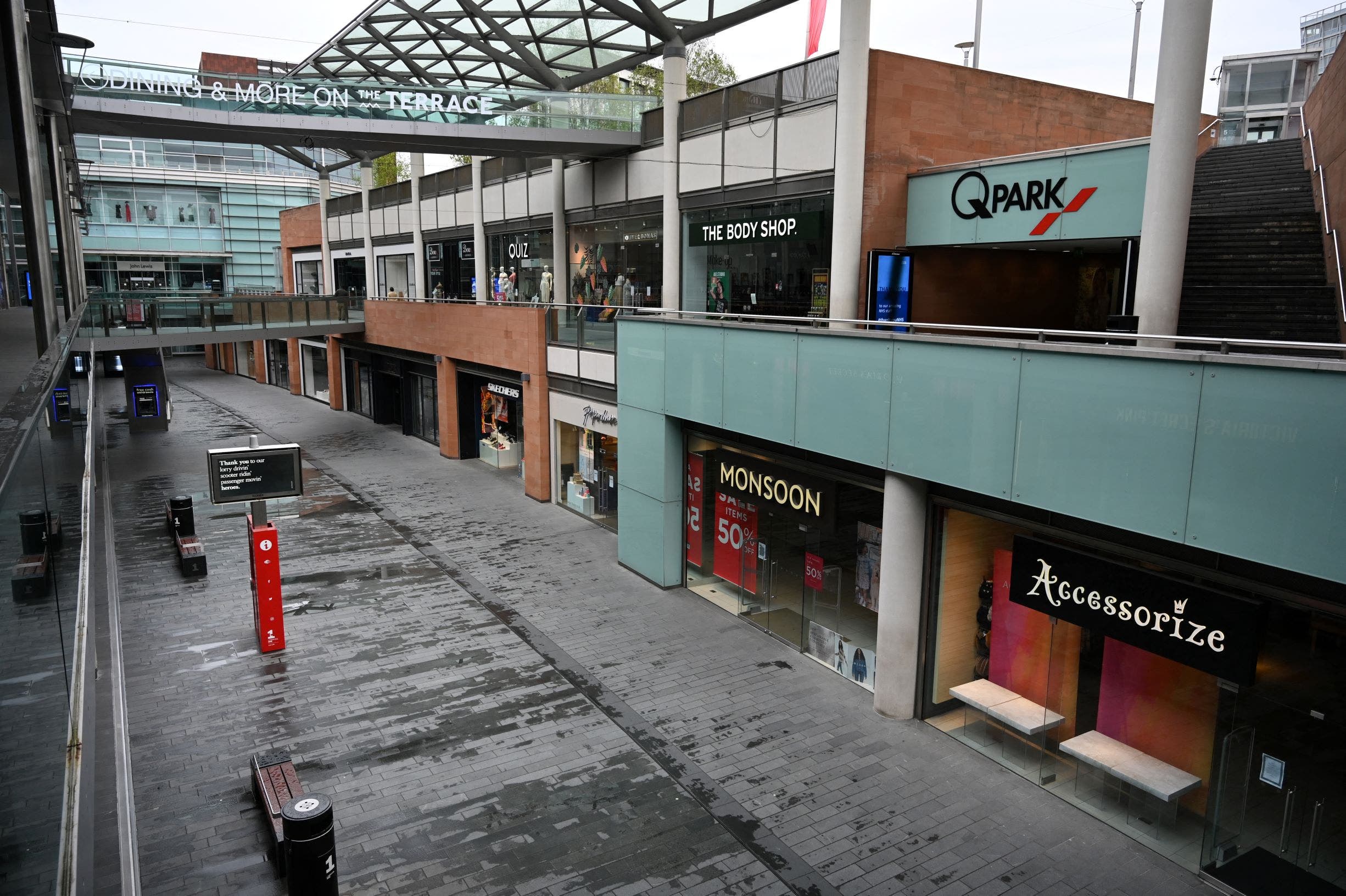 Shops are closed and the shopping centre seen empty during the nationwide lockdown because of the novel coronavirus outbreak in the centre of Liverpool, northwest England, on April 18, 2020. (AFP)