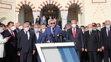 Turkish President Tayyip Erdogan addresses the media after attending Eid al-Adha prayers during the second day of his official visit to the Turkish Republic of Northern Cyprus, a breakaway state recognized only by Turkey, in northern Nicosia, Cyprus, on July 20, 2021. (Reuters)