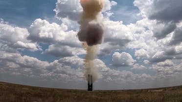 This handout photograph released by the Russian Defence Ministry on July 20, 2021, shows the latest S-500 air defense missile weapon system as it carries out live fire exercises to hit a high-speed ballistic target at The Kapustin Yar Training Ground in Russia. Moscow said that it had successfully test-fired its new S-500 air defence missile systems at a training ground in southern Russia and hit a high-speed ballistic target.