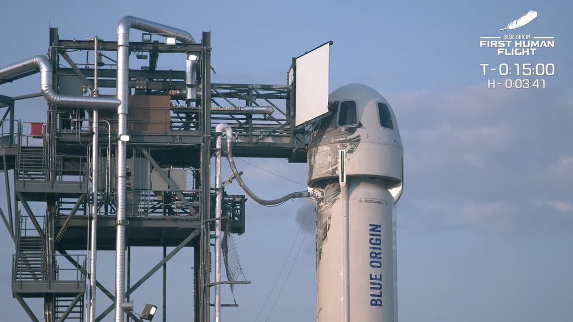 This still image taken from video by Blue Origin shows the launch pad as Mark Bezos, Jeff Bezos, Wally Funk and Oliver Daemen wait for take off to travel for the first crewed flight of Blue Origin's reusable New Shepard craft, on July 20, 2021, in Van Horn, Texas. (AFP)