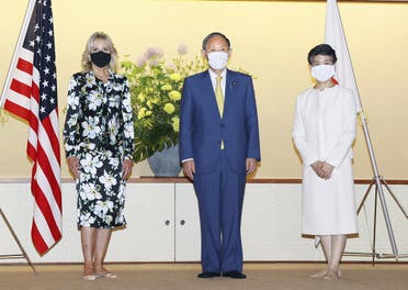 US First Lady Jill Biden meets with Japan’s Prime Minister Yoshihide Suga and his wife Mariko Suga at Akasaka Palace State Guest House ahead of the opening of the Tokyo 2020 Olympic Games in Tokyo, Japan, July 22, 2021. (Reuters)