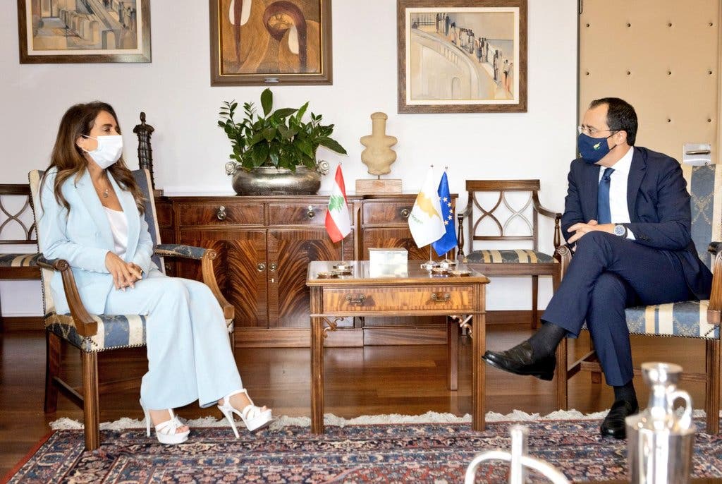Lebanon's Deputy Prime Minister and Defense Minister Zeina Akar in talks with Cyprus Foreign Minister Nikos Christodoulides on  23 July, 2021 in Cyprus. (Twitter)