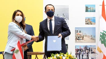 Lebanon's Deputy Prime Minister and Defense Minister Zeina Akar shakes hands with Cyprus Foreign Minister Nikos Christodoulides on  23 July, 2021 in Cyprus. (Twitter)
