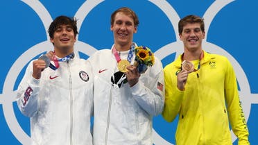 Gold medalist Chase Kalisz of the United States, silver medalist Jay Litherland of the United States and bronze medalist Brendon Smith of Australia pose on the podium. (Reuters)