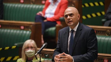 Britain's Secretary of State for Health and Social Care Sajid Javid gives a statement on the coronavirus disease (COVID-19) update during a session in Parliament, in London, Britain July 12, 2021. (Reuters)
