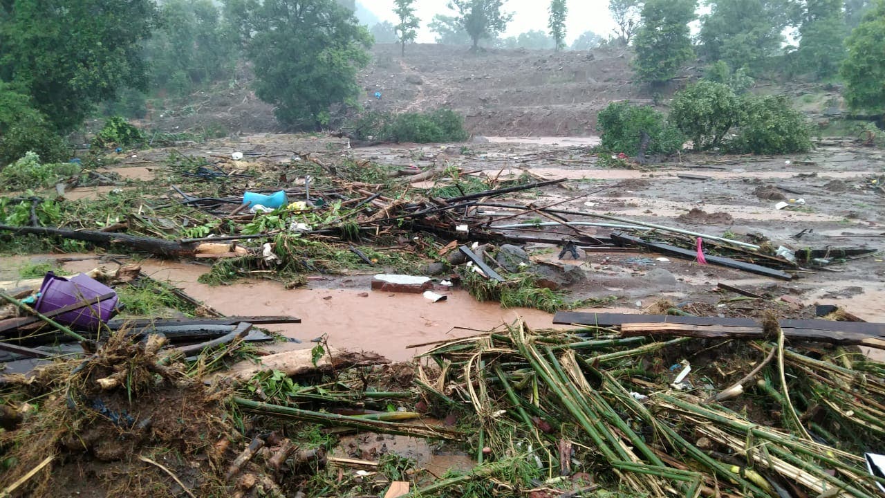 This handout picture taken on July 23, 2021 and released by the National Disaster Response Force (NDRF) shows debris of houses in Taliye village after a landslide in Mahad of Raigad district of Maharashtra. (AFP)