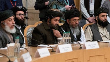 Mullah Abdul Ghani Baradar, the Taliban's deputy leader and negotiator, and other delegation members attend the Afghan peace conference in Moscow, Russia, on March 18, 2021. (Reuters)