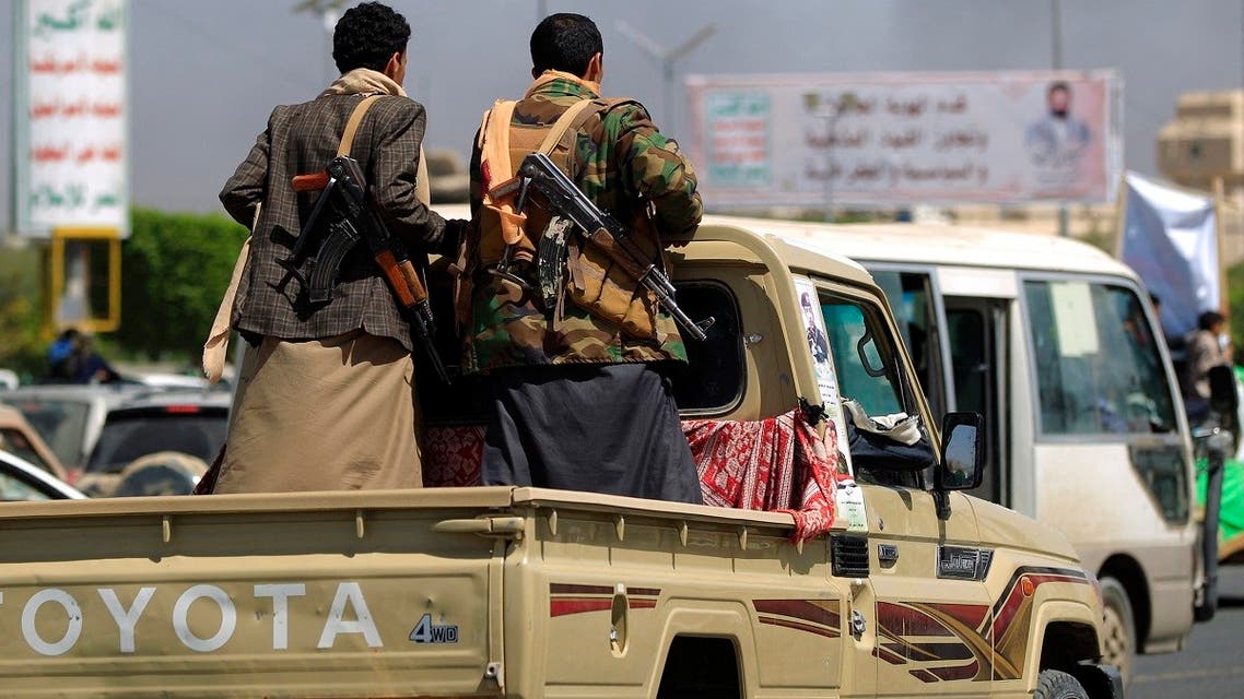 Houthi militants during the funeral procession for militants killed in battles with government troops in the Marib region, on March 23, 2021 in the capital Sanaa. (AFP)