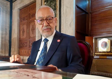 Parliament Speaker Rached Ghannouchi, head of the  Islamist Ennahda, poses during an interview with Reuters in his office, in Tunis, Tunisia, March 9, 2021. Picture taken March 9, 2021. (Reuters)