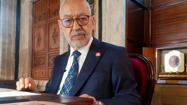 Former Parliament Speaker Rached Ghannouchi, head of the moderate Islamist Ennahda, during an interview with Reuters, in Tunis, March 9, 2021.  (Reuters)