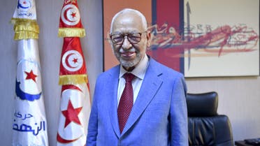 Tunisia's parliament speaker and and Ennahdha party leader Rached Ghannouchi looks on during an interview with AFP at his office in the capital Tunis on July 29, 2021. Rached Ghannouchi, historic leader of Ennahdha that says it is the victim of a coup d'état in Tunisia, embodies the shifting sands of his Islamist-inspired party over the past decade. As a result, he is now struggling to mobilise a divided leadership and weary supporters.