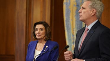 A file photo shows US speaker of the House Nancy Pelosi (L)D-CA and US Representative Kevin McCarthy(R-CA) at the US Capitol in Washington, DC, March 27, 2020. (Alex Edelman/AFP)