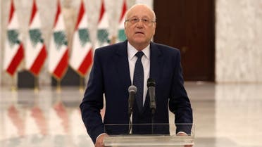 Lebanon’s new Prime Minister-Designate Najib Mikati, talks at the presidential palace in Baabda, Lebanon July 26, 2021. (Reuters)
