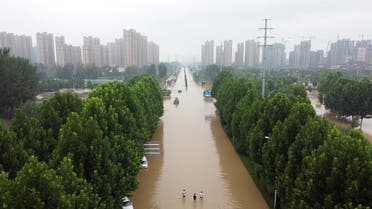 An aerial view shows a flooded road following heavy rainfall in Zhengzhou, Henan province, China July 23, 2021. (Reuters)