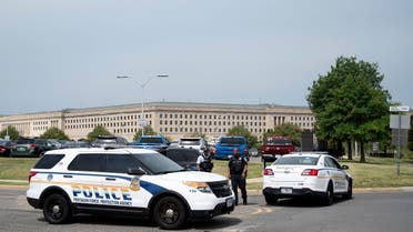 Police block off an entrance to the Pentagon following reports of multiple gun shots fired on a bus platform near the facility’s Metro station, Aug. 3 2021. (AP)