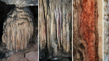 (FILES) In this file photo taken on September 17, 2018 this combination of pictures shows a general view and close-up of a partly coloured stalagmite tower in the Spanish cave of Ardales, southern Spain. Neanderthals, long perceived to have been unsophisticated and brutish, really did paint stalagmites in a Spanish cave more than 60,000 years ago, according to a study published on August 2, 2021.