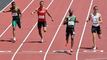 Saudi Arabia's Mazen Moutan Al Yassin (2R) crosses the finish line to win ahead of second-placed Belgium's Kevin Borlee (R), third-placed Switzerland's Ricky Petrucciani (2L) and South Africa's Zakithi Nene in the men's 400m heats during the Tokyo 2020 Olympic Games at the Olympic Stadium in Tokyo on August 1, 2021. (File photo: AFP)