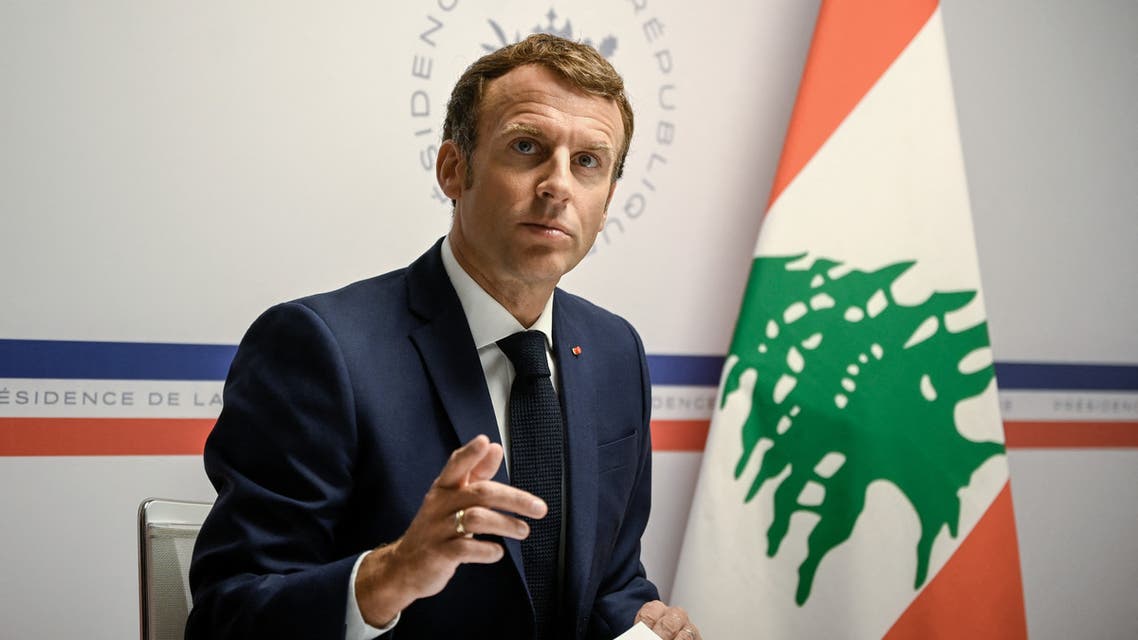 France's President Emmanuel Macron gestures as he attends the Lebanon donors' conference, gathering online representatives of international institutions and heads of state, one year after Beirut port blast, at the Fort de Bregancon, at Bormes-Les-Mimosas, southern France, on August 4, 2021. Lebanon marks a year since a cataclysmic explosion ravaged Beirut, with a mix of grief over lost lives and rage at the impunity for its worst peacetime disaster at a time when its economy was already in tatters.