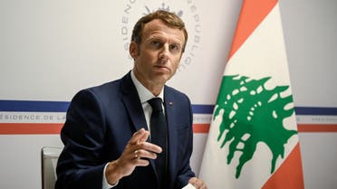 France's President Emmanuel Macron gestures as he attends the Lebanon donors' conference, gathering online representatives of international institutions and heads of state, one year after Beirut port blast, at the Fort de Bregancon, at Bormes-Les-Mimosas, southern France, on August 4, 2021. Lebanon marks a year since a cataclysmic explosion ravaged Beirut, with a mix of grief over lost lives and rage at the impunity for its worst peacetime disaster at a time when its economy was already in tatters.