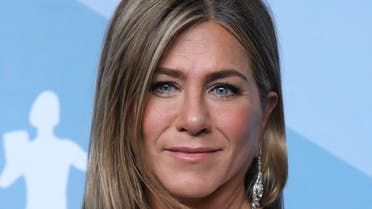 Jennifer Aniston poses backstage with her Outstanding Performance by a Female Actor in a Drama Series for “The Morning Show.” (Reuters)
