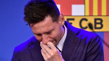 Barcelona's Argentinian forward Lionel Messi cries during a press conference at the Camp Nou stadium in Barcelona on August 8, 2021. Messi fought back tears as he began a press conference at which he confirmed he is leaving Barcelona, where he has played his entire career. (File photo: AFP)